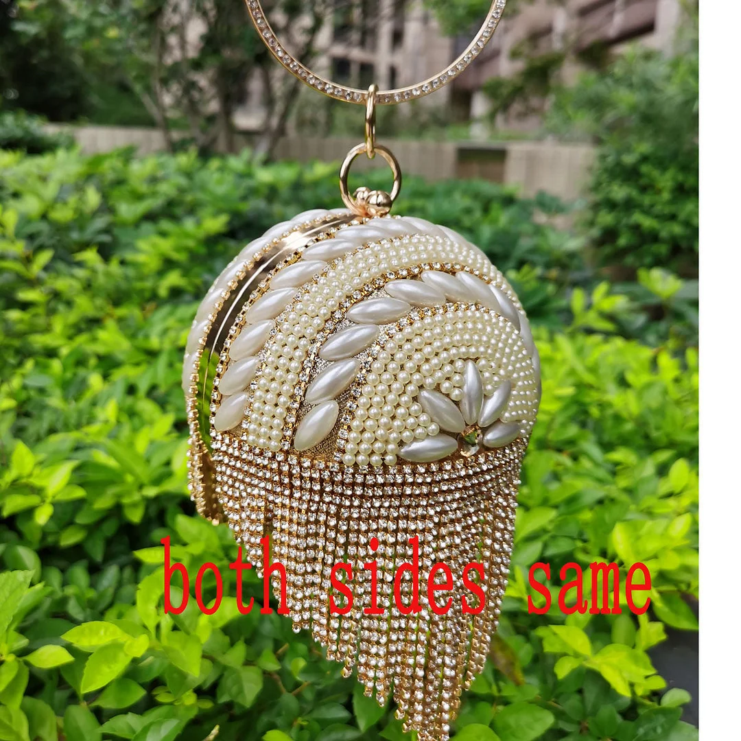 Bowling Design Pearl Clutch Bag circular ring Wristlets Bag Women Party Evening Bag Crystal tassels Ball Female wallet XQ-15