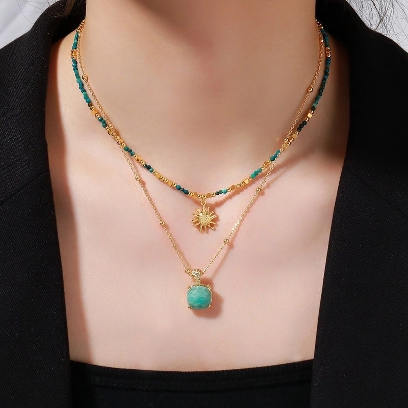Vintage Style Ethnic Style Minimalist Irregular Round Sun Natural Stone Copper 18K Gold Plated Layered Necklaces In Bulk