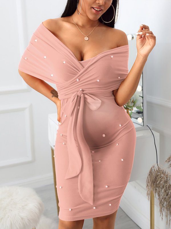 Maternity Faux Leather Mesh Dot Midi Dress