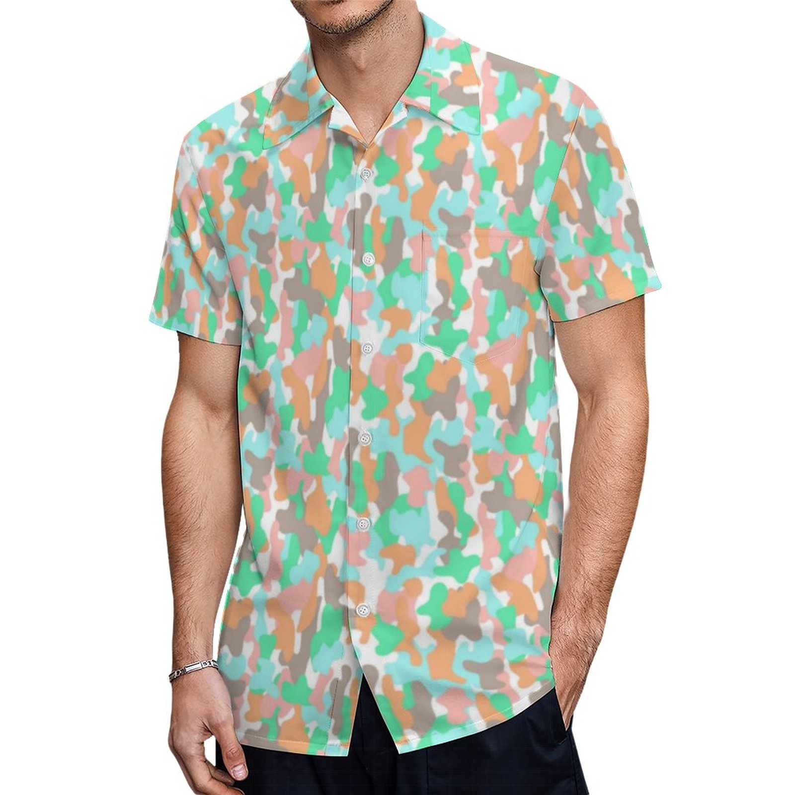 Green Grey Orange Camouflage Hawaiian Shirt Mens Button Down Plus Size Tropical Hawaii Beach Shirts