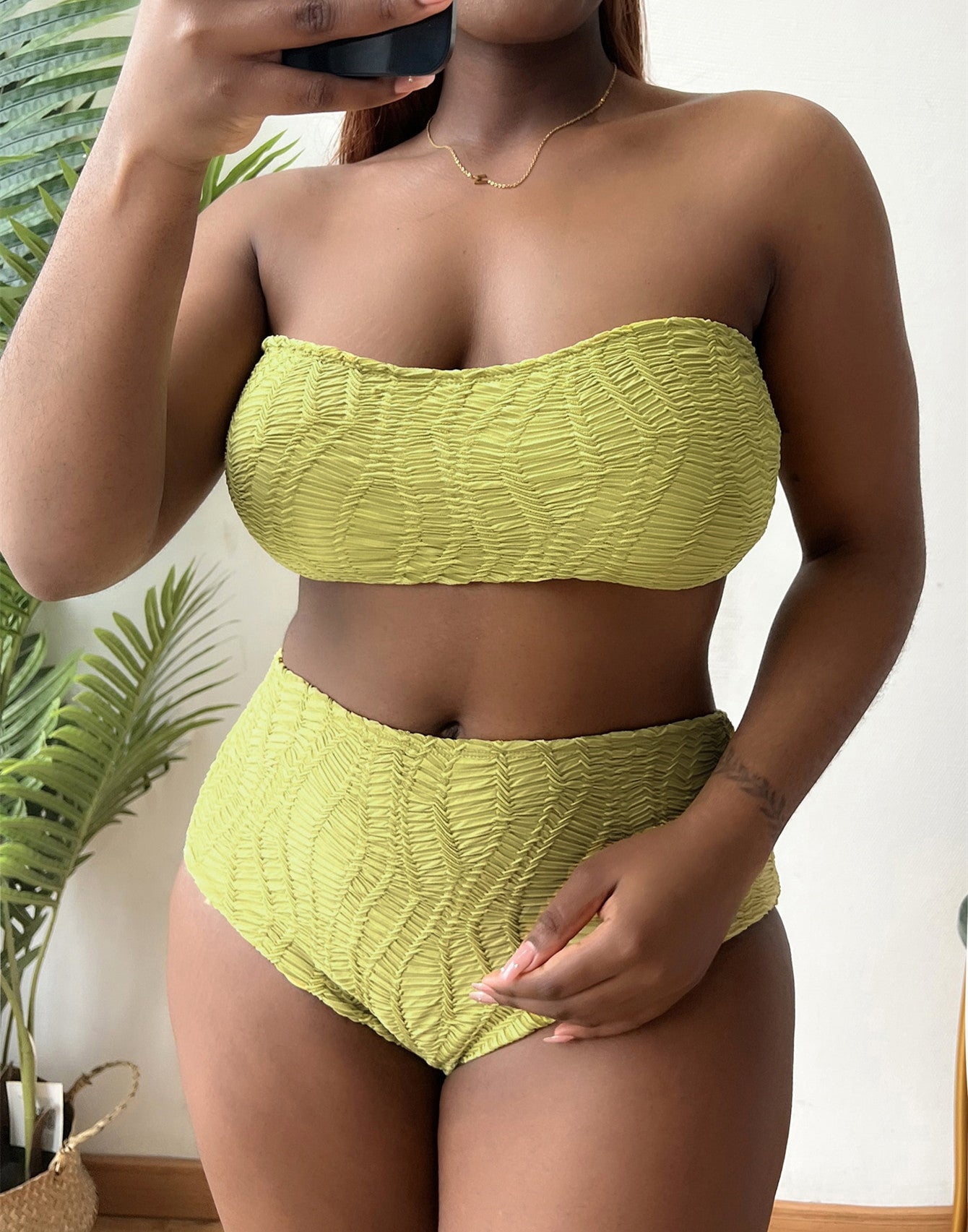 Plus Size Swimsuit Solid Color Tube Top High Waist Bikini Swimsuit