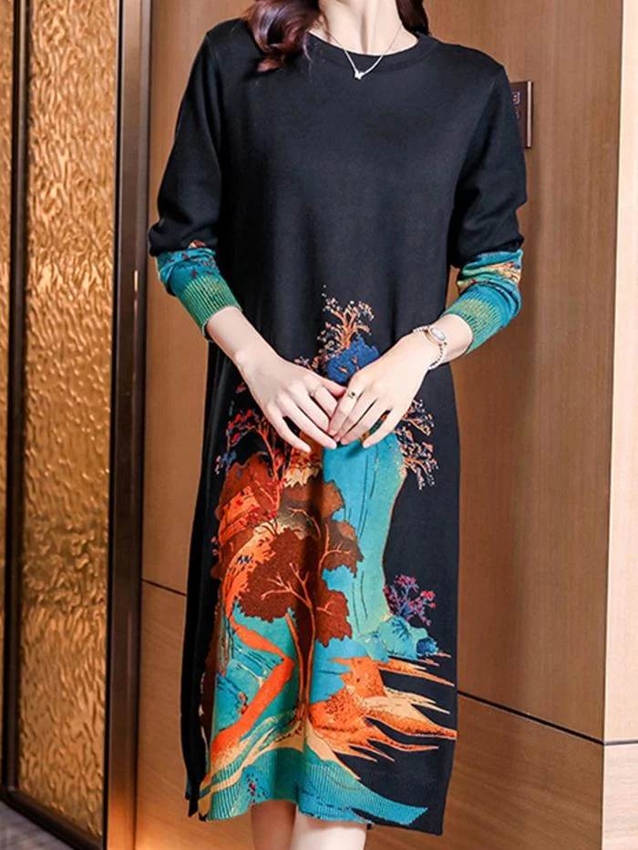 Elegant Long Sweater Print Knitted Dress