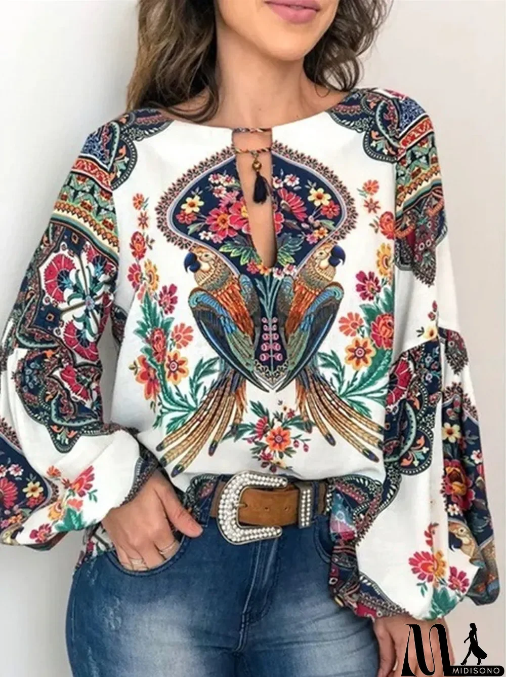 MidiSono - Women Long Sleeve V-neck Graphic Women Tops
