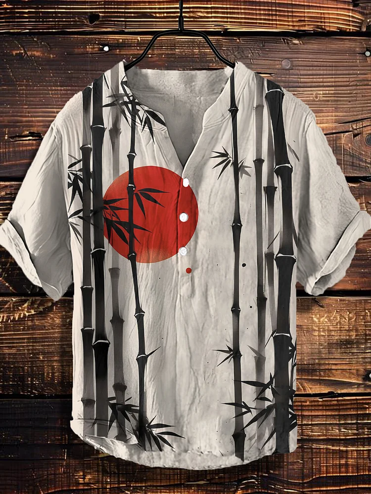 Men's Bamboo Grove Ink Art Print Half Button Shirt