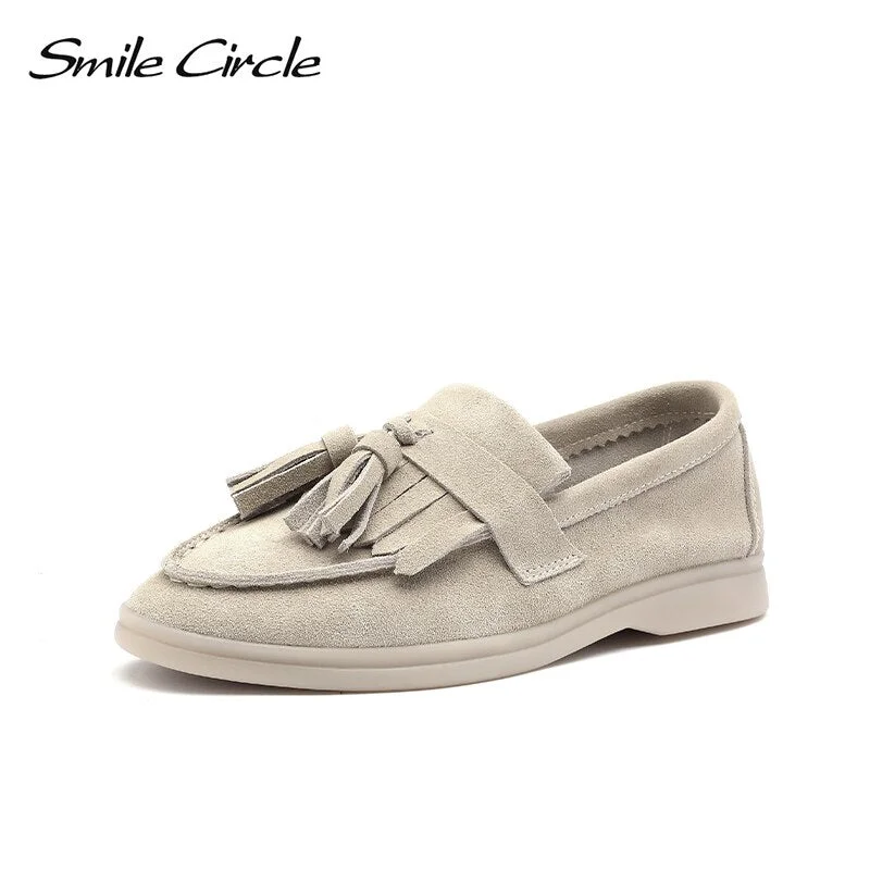 Smile Circle/loafers Women cow-suede Slip-On flats shoes Genuine Leather tassel Ballets Flats Shoes women Moccasins size 36-42