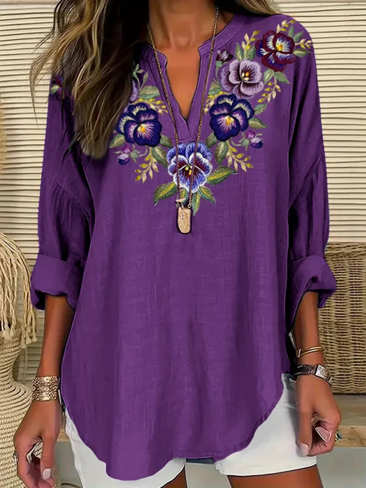 Comstylish Women's Purple Floral Art Print Casual Loose Tunic