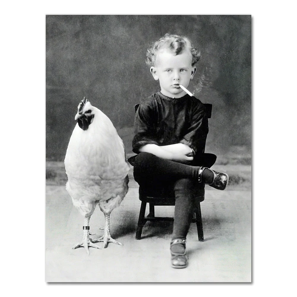 Weird Vintage Photography Poster Prints , Boy Smoking With His Chicken Pet Antique Portrait Art Canvas Painting Wall Art Decor
