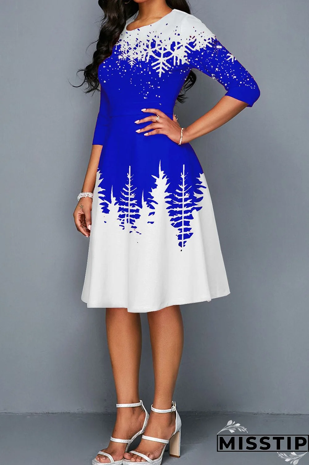 Blue Casual Print Patchwork O Neck A Line Dresses