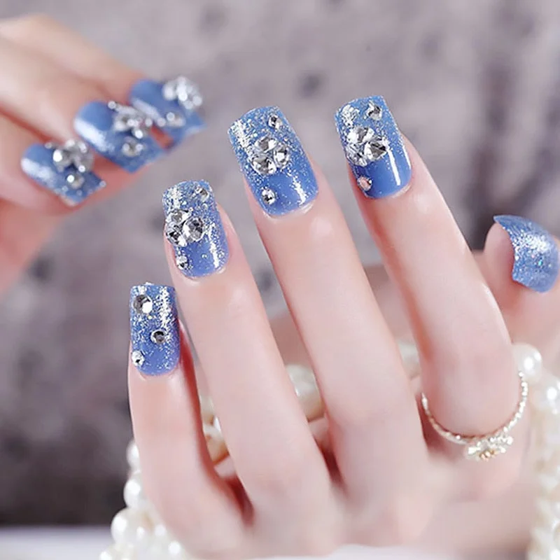 Wedding Beauty Fake Nails DIY Glitter Acrylic Full Cover Nail Art Tips with Glue Girls Shining Rhinestones Fashion False Nail-Nail Inspo