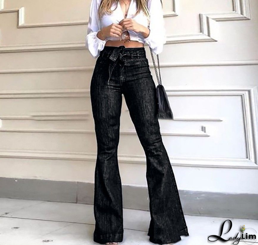 Pocket Detail Belted High Rise Flare Jeans