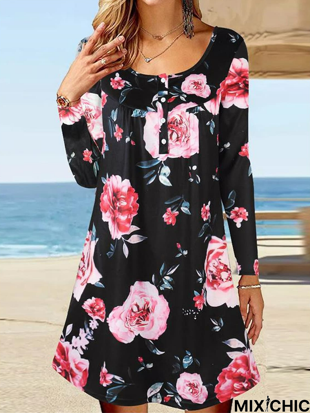 Buckle Floral Casual Crew Neck Dress