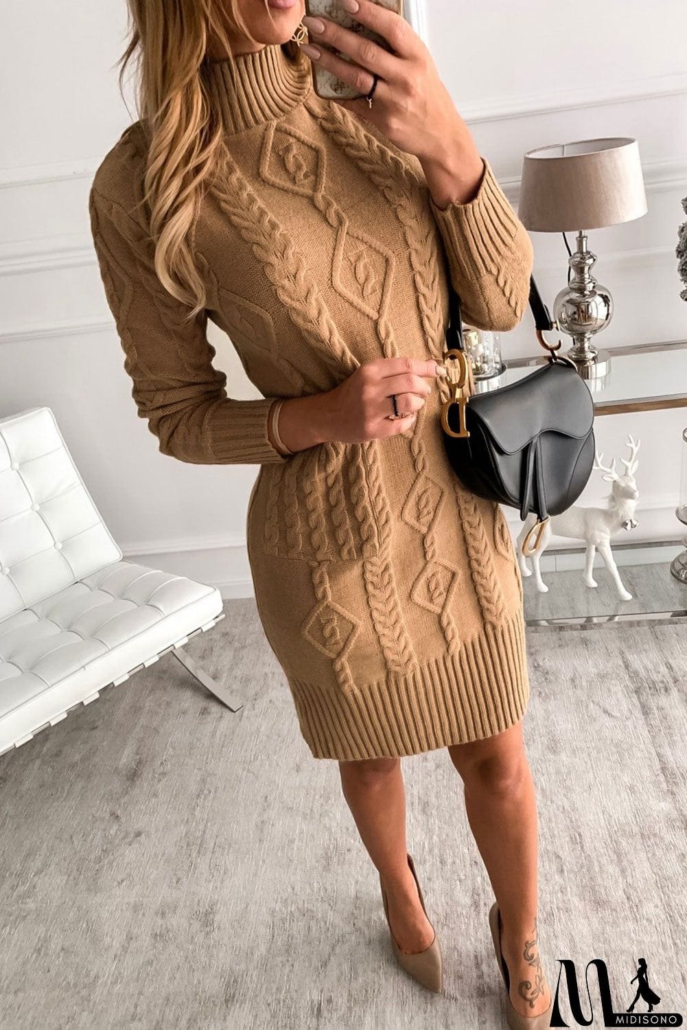 MidiSono - Beige High Neck Textured Bodycon Sweater Dress