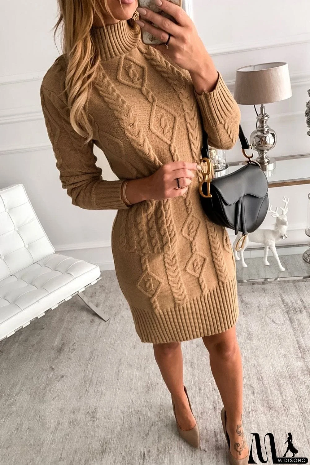 MidiSono - Beige High Neck Textured Bodycon Sweater Dress