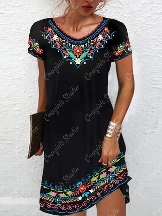 New Ethnic Print Short-sleeved Dress