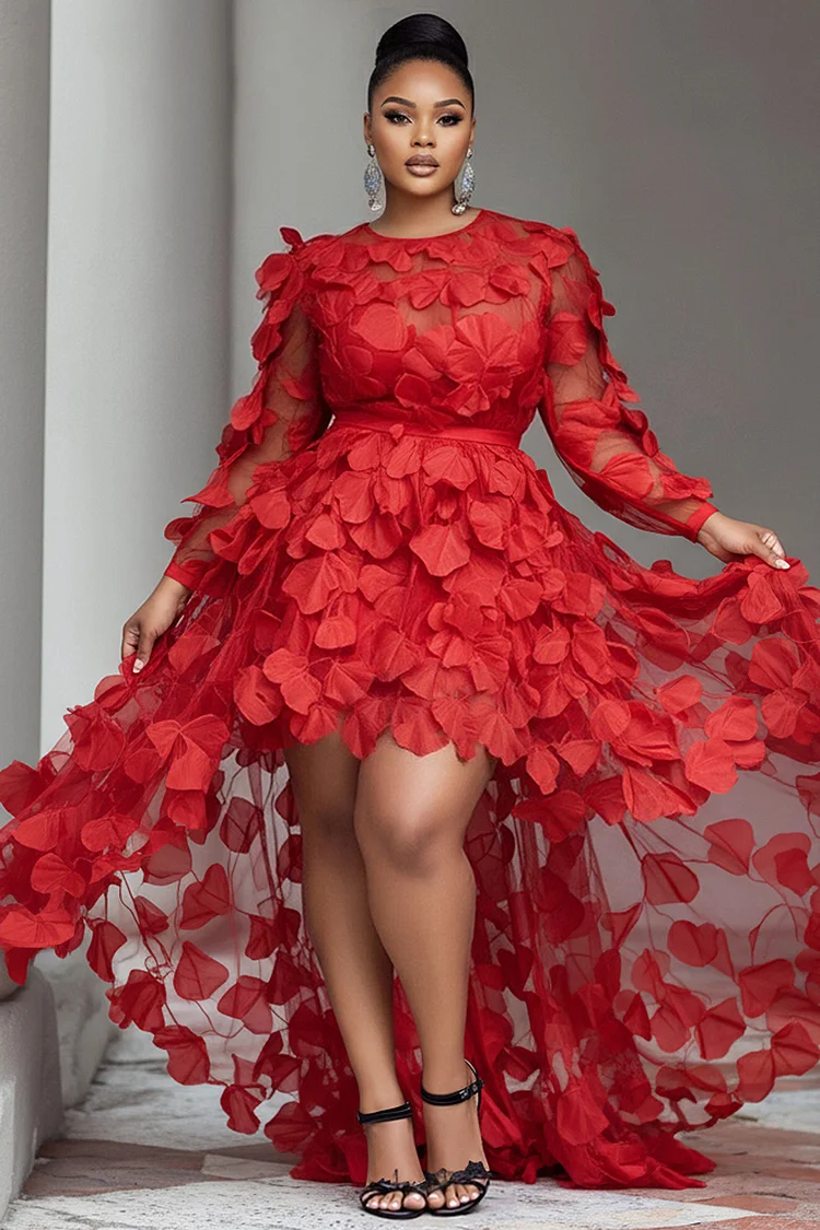 Xpluswear Design Plus Size Party Red Round Neck Long Sleeve High Low Hem Elegant See Through Tulle Mini Dresses [Pre-Order]