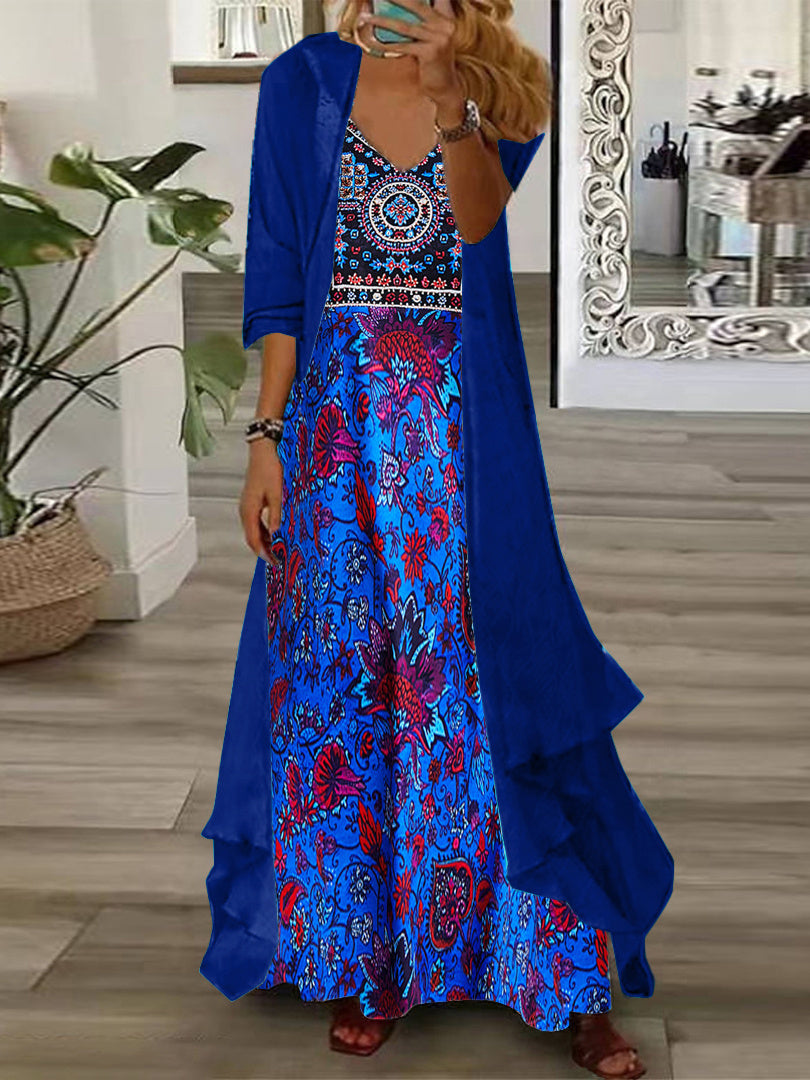 Women's Long Sleeve V-neck Graphic Printed Two Pieces Maxi Dress