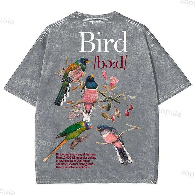 Bird Print Graphic Vintage Acid Wash Cotton T-Shirt - SOPULA