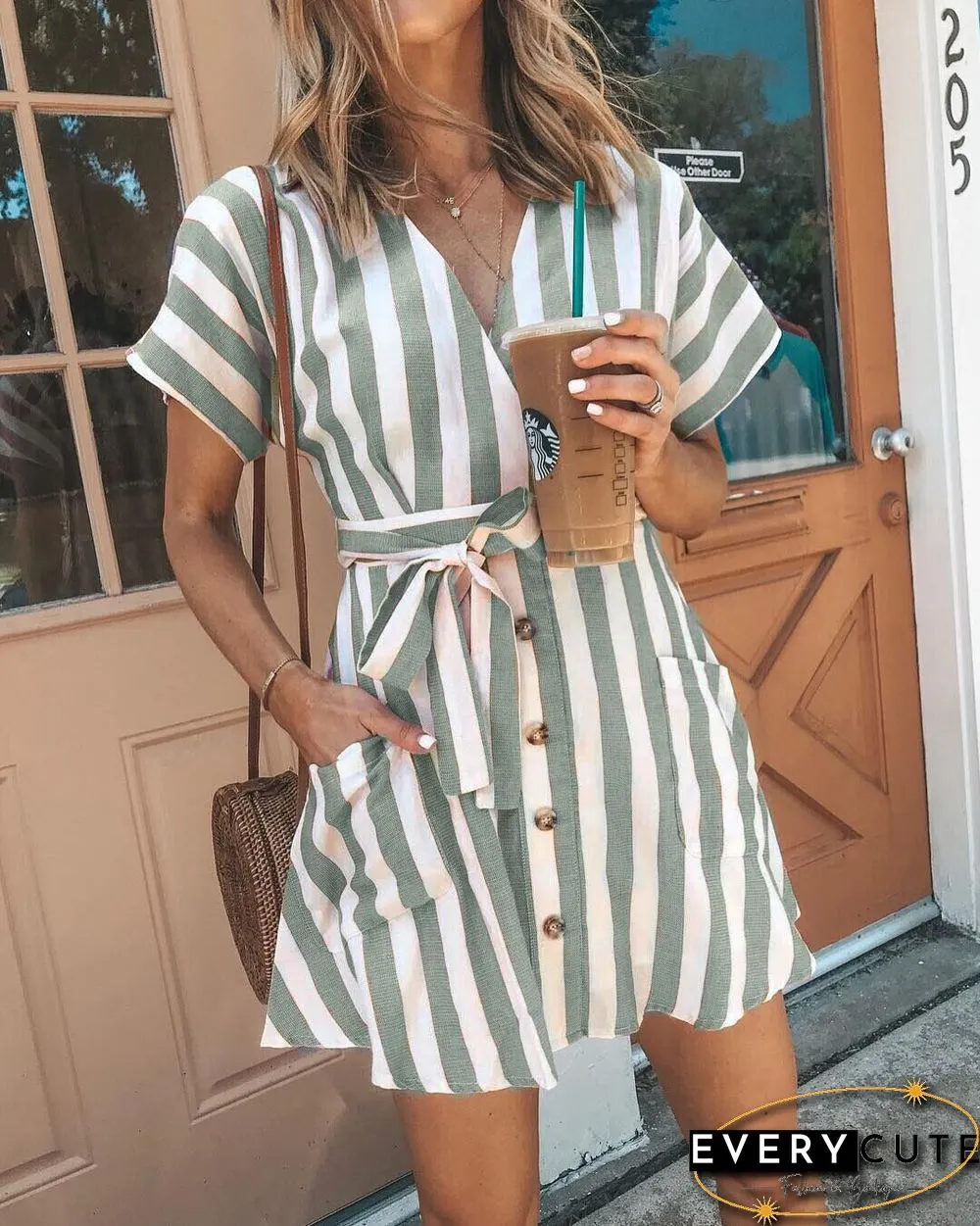 Classic Casual Deep V Neck Tie Waist Vertical Striped Bodycon dress
