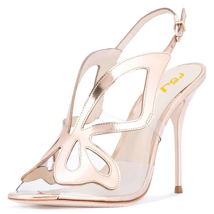 Champagne Hollow Out Clear PVC Slingback Heels Sandals |FSJ Shoes