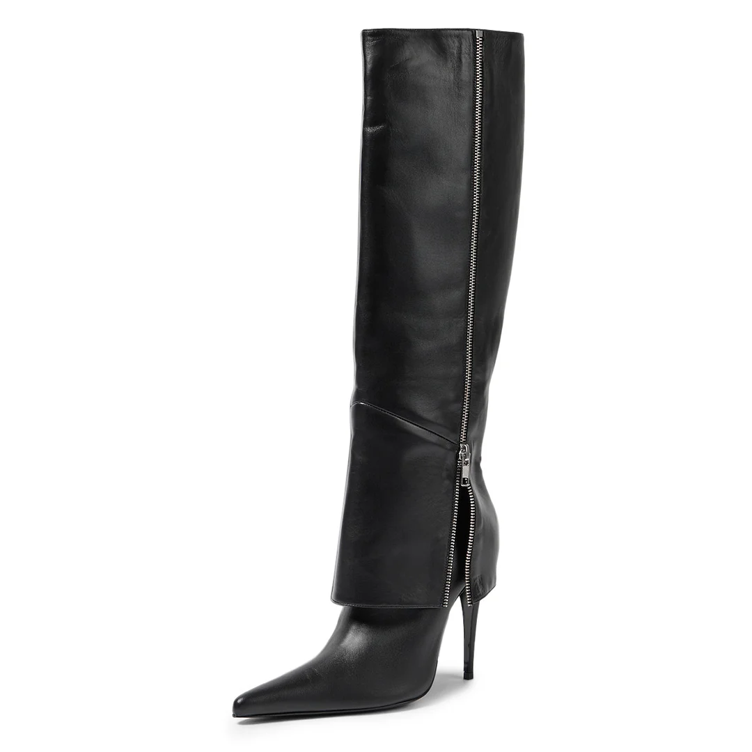 Black High Heeled Vegan Leather Pointed Side-Zip Fold-Over Booties