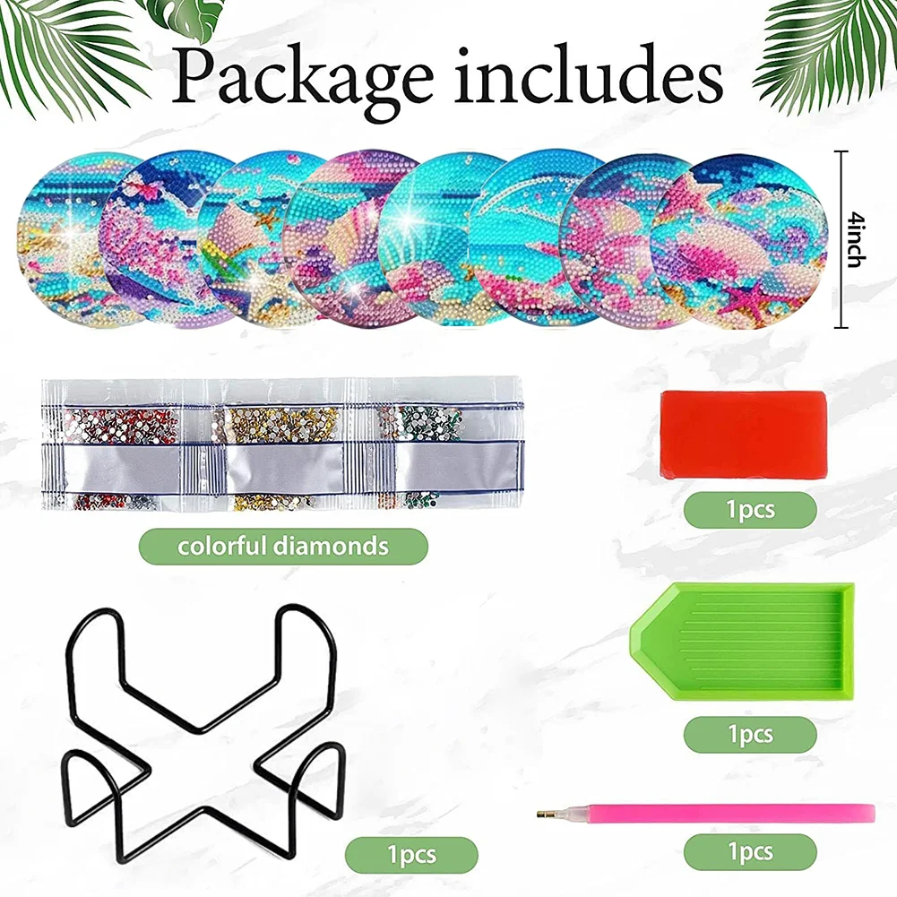 8pcs DIY Moonlit Scene Acrylic Single Sided Diamond Painting Art Coasters Kits with Holder