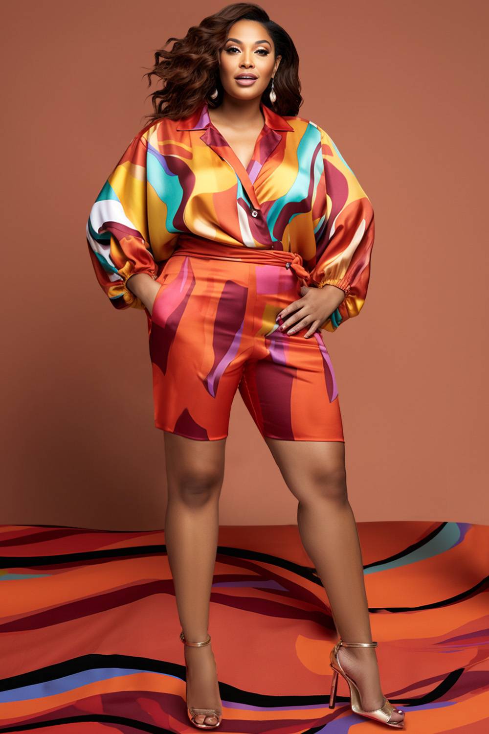 Design Plus Size Daily All Over Print Spring Summer Shirt Collar Lantern Sleeve Pocket Satin Short Sets [Pre-Order]