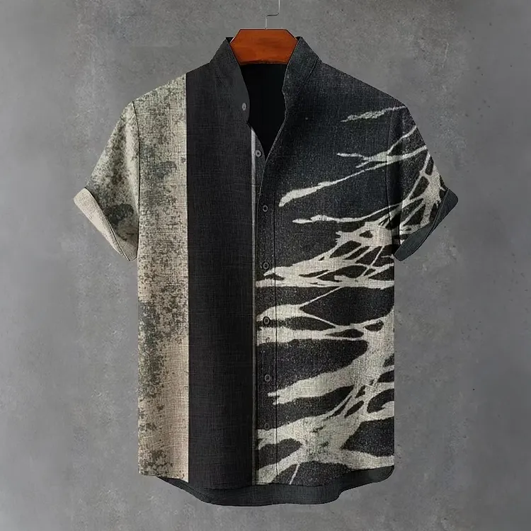 Men's Vintage Tree Shadow Plant Color Block Art Print Short Sleeve Shirt