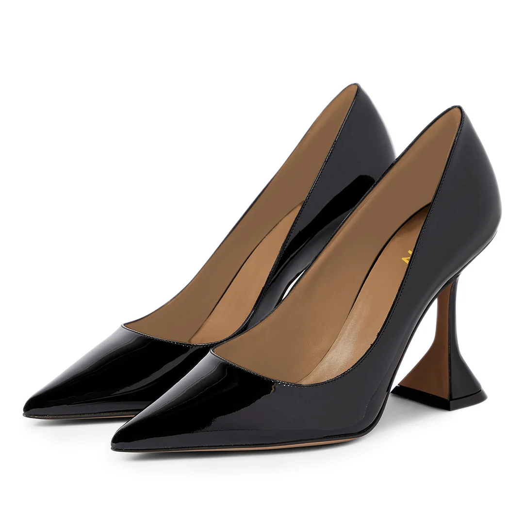 Black Patent Leather Pointed Toe Elegant Pumps with Flared Heels