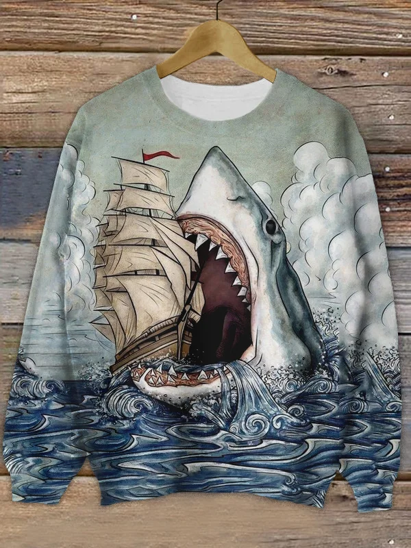 Men's Ocean Shark Biting A Sailboat Graphic Art Print Sweatshirt