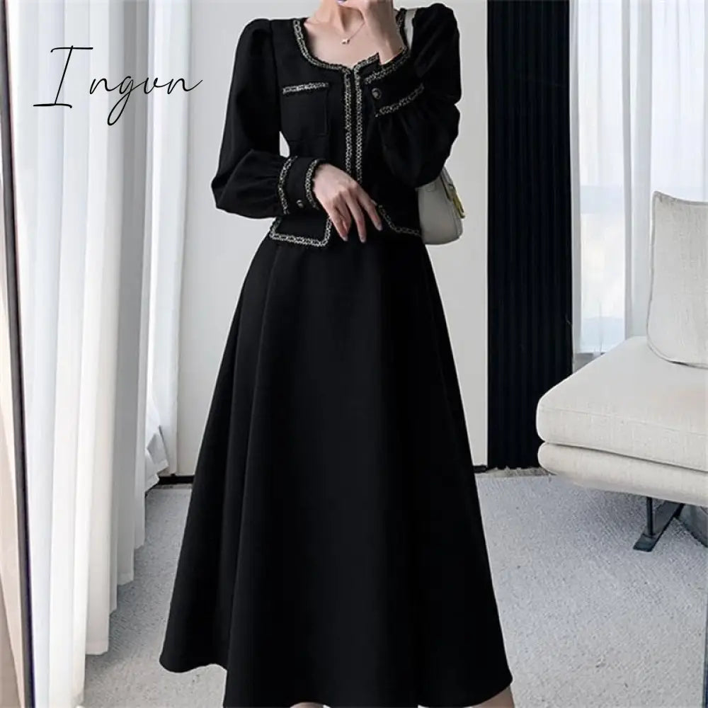 Ingvn - Fashion Black Dress Women Autumn Long Sleeve Mididress Ladies Square Neck French Retro