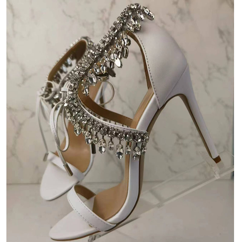 White Rhinestone Sandals Woman Open Toe Diamond One Belt High Heels Lady Wedding Shoes