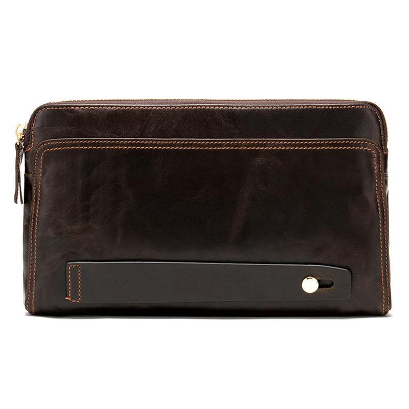 Mens Business Plain Leather Zipper Clutch Bags