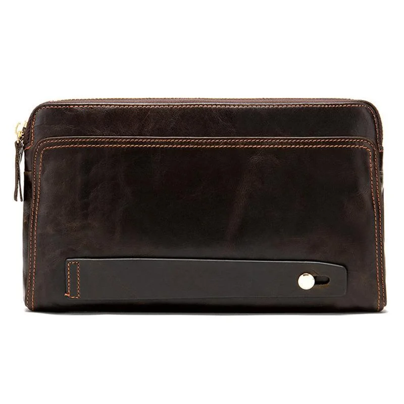 Mens Business Plain Leather Zipper Clutch Bags