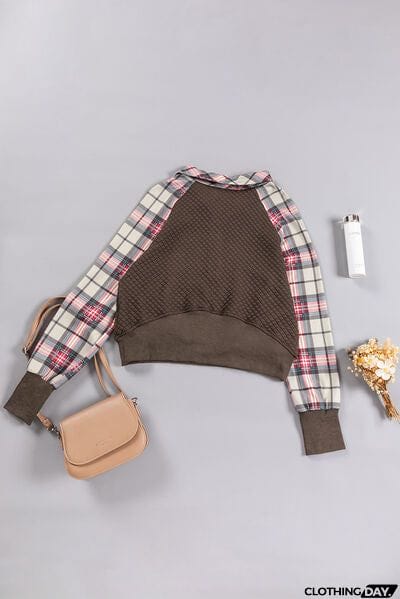 Plaid Half Zip Kangaroo Pocket Sweatshirt