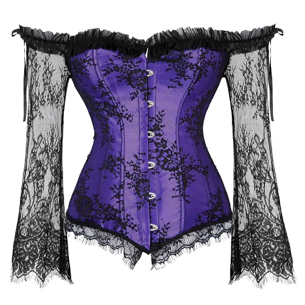 Corset Top Bustier Lingerie Women with Long Sleeves Renaissance Plus Size Lace Floral Sexy Costumes Burlesque Red Black White
