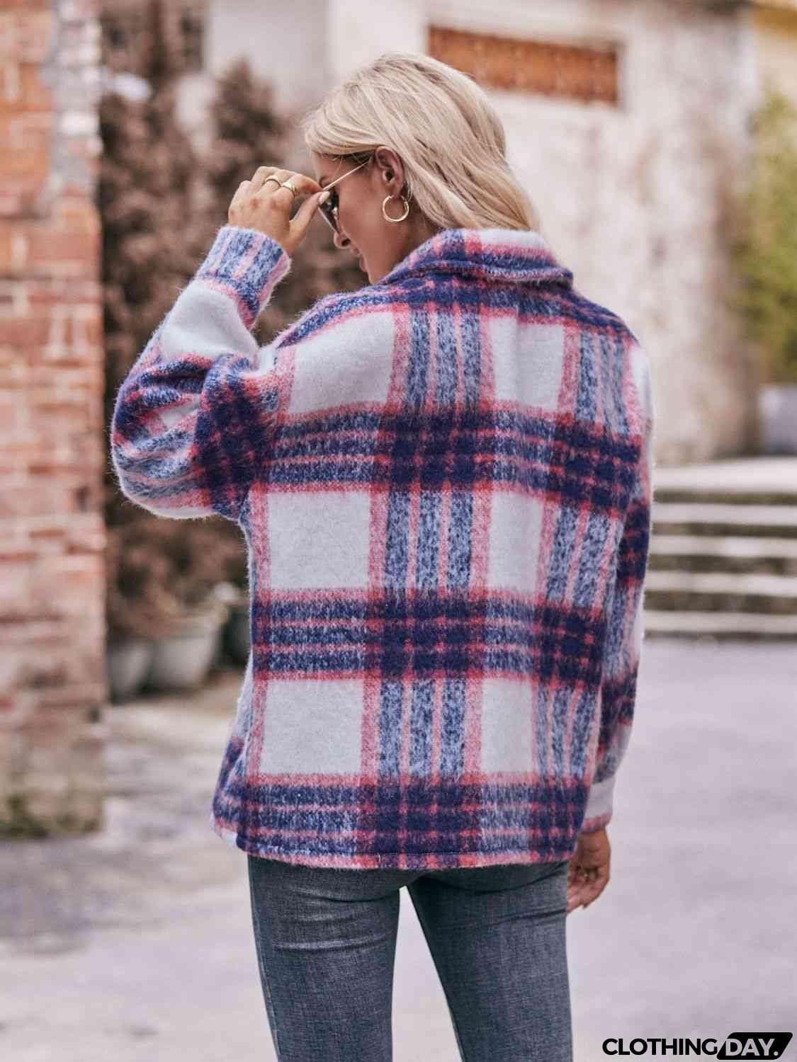Plaid Dropped Shoulder Collared Jacket