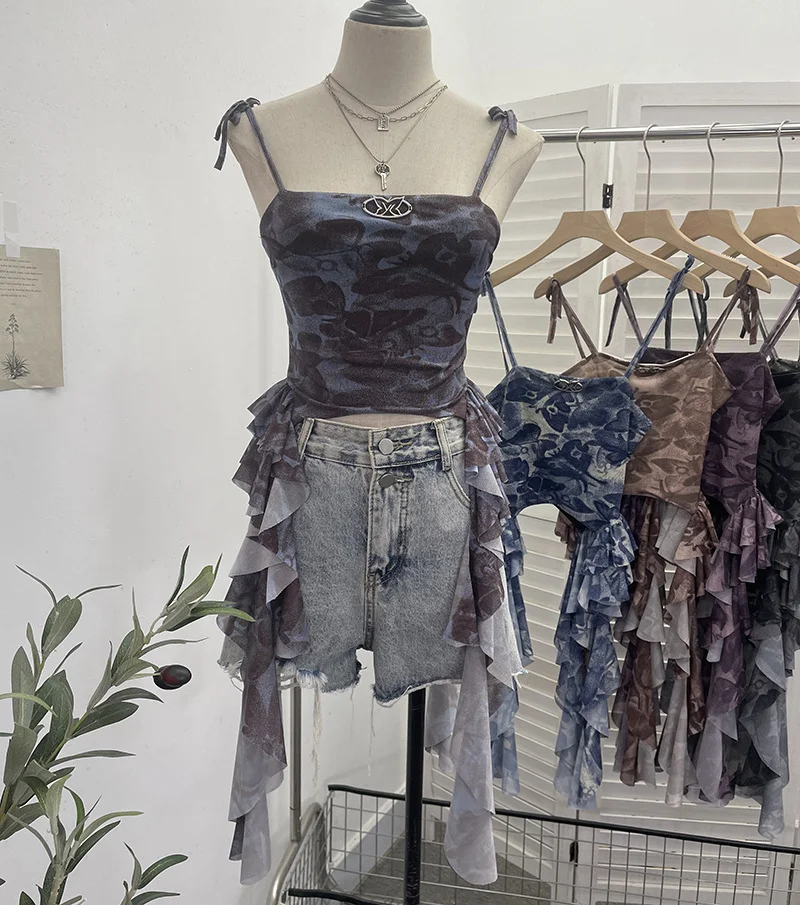 Uveng Real Shooting 2024 New Niche Babes Print Sling Vest Hem With Lotus Leaf Edge Sleeveless Top 6663