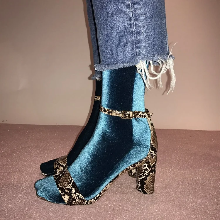 Green Python Ankle Strap Sandals Open Toe Ankle Strap Chunky Heels |FSJ Shoes