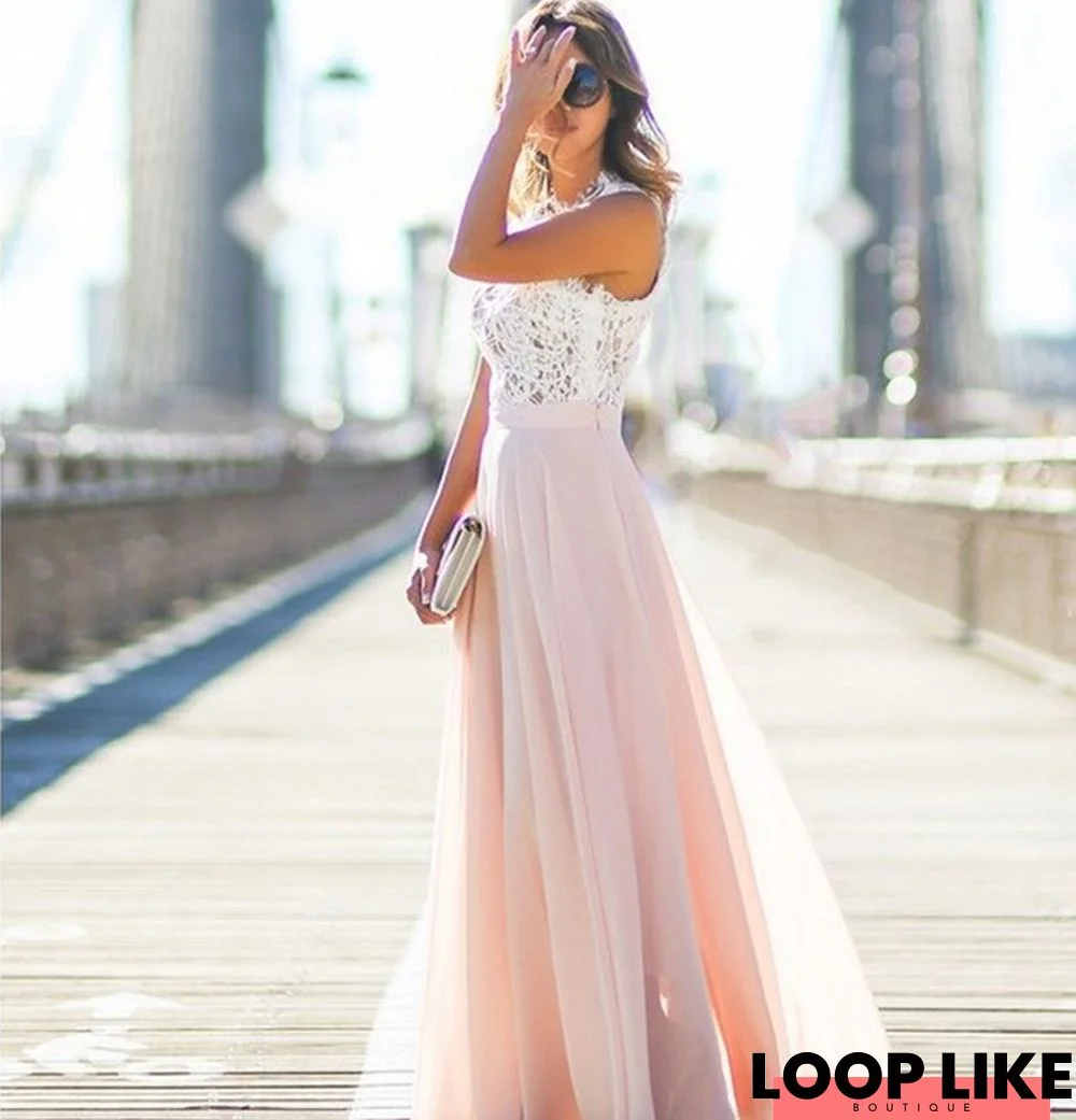 Lace Stitched Chiffon Extra Long Dress