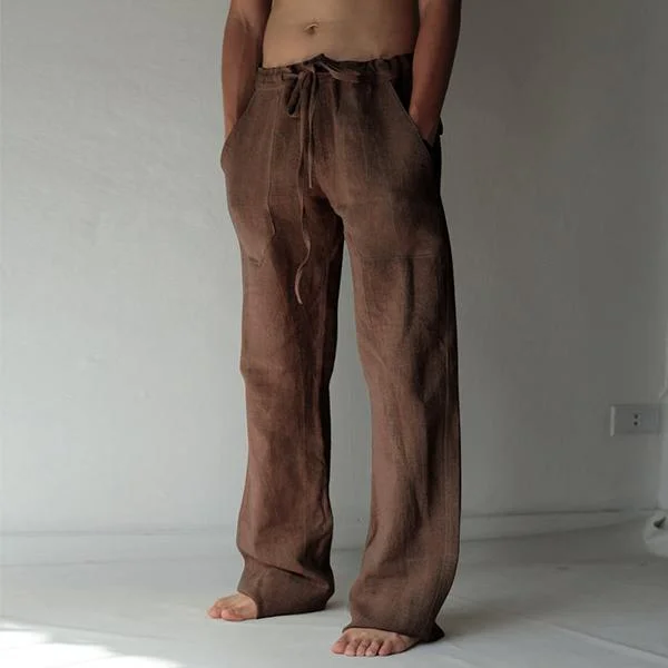 Loose Fit Leisure Trousers Drawstring Elastic Waist Solid Color Linen Straight Pants Long Pants