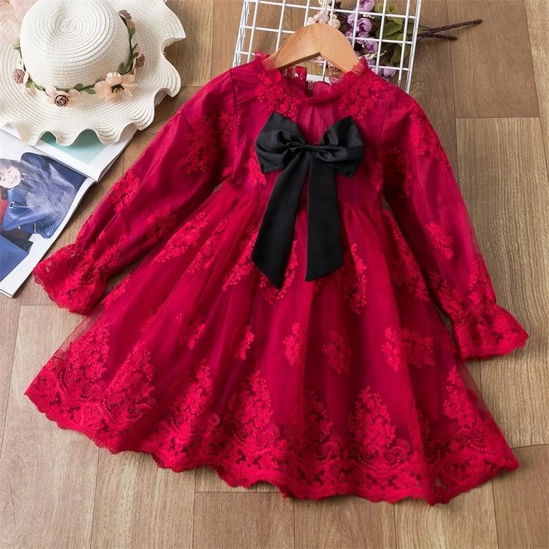 Girls Christmas Dress Girls Winter Dress With Bow Floral Lace Elegant Mesh Outfits New Year Vestido Infantil Girls Lace Dress