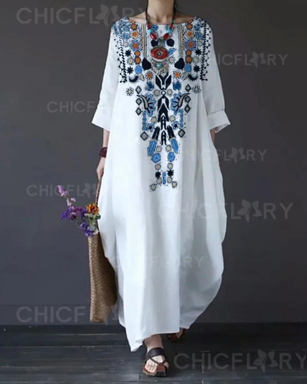 Vintage Bohemian Loose Crew Neck Maxi Dress