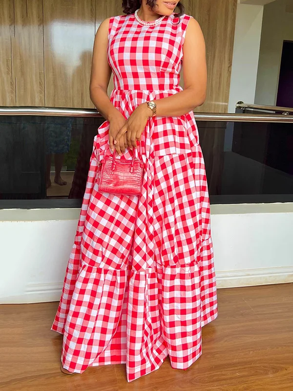 Contrast Color Plain Sleeveless Wrap Round-Neck Maxi Dresses
