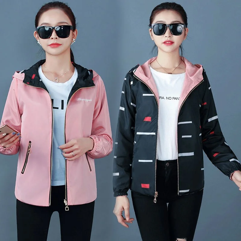 NEEDBO Women Hooded Jackets Two Side Wear Print Outwear Coat Female Windbreaker Tops Pocket Zipper Jackets Causal Windbreaker