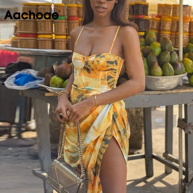 Aachoae Summer Spaghetti Strap Beach Dress Women Printed Split Sexy Holiday Dress Sleeveless Backless Pleated Satin Midi Dresses