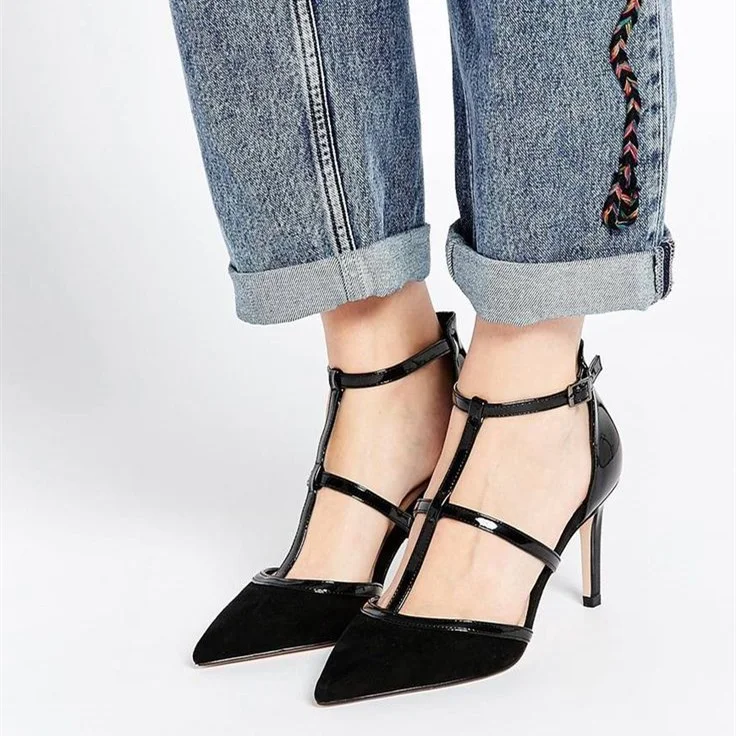 Black Pointy Toe T Strap Heels Sexy Stiletto Pumps for Women |FSJ Shoes