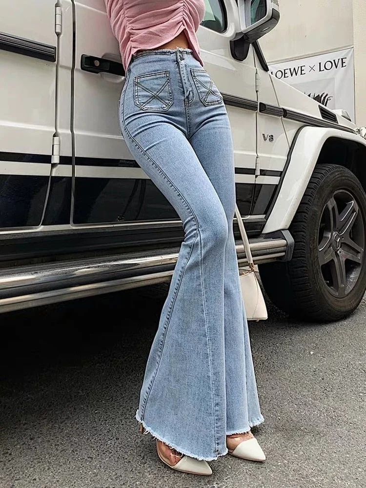 Sonicelife Sky blue high waisted horn jeans women elastic  skinny jeans fashionable versatile long slim flared pants splicing and cut
