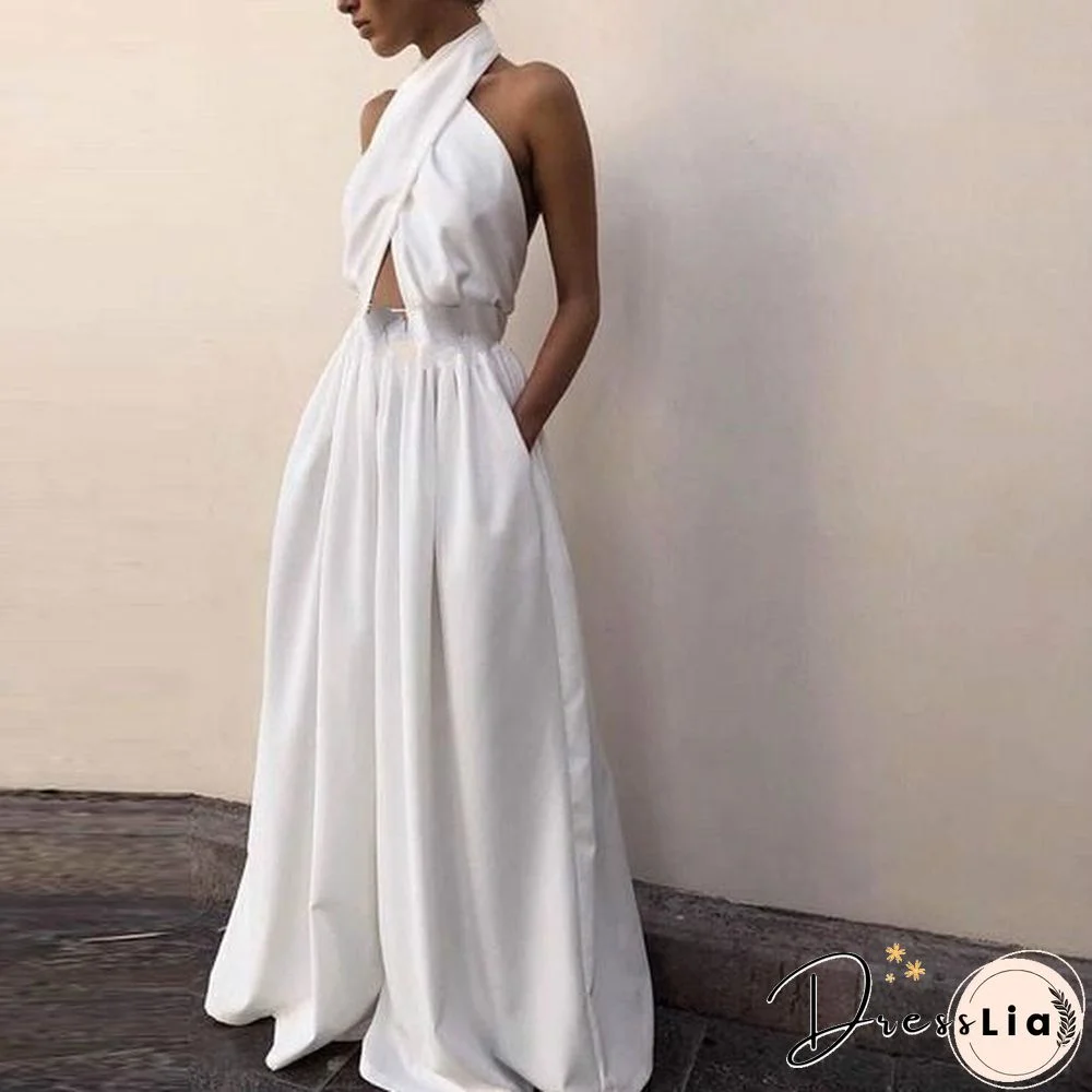 Halter Wide Leg Sexy Bodycon Summer Jumpsuit Women Overalls  Backless White Skinny Rompers Womens Jumpsuit Female Long Pants