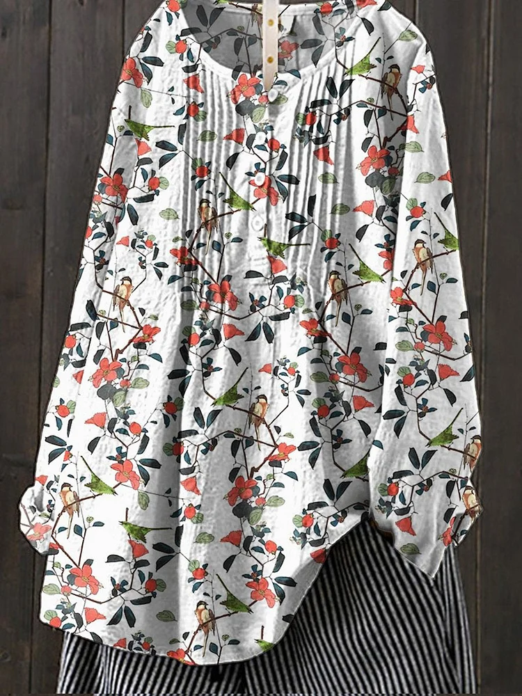 Womens   Flower Art Print Casual Cotton And Linen Shirt