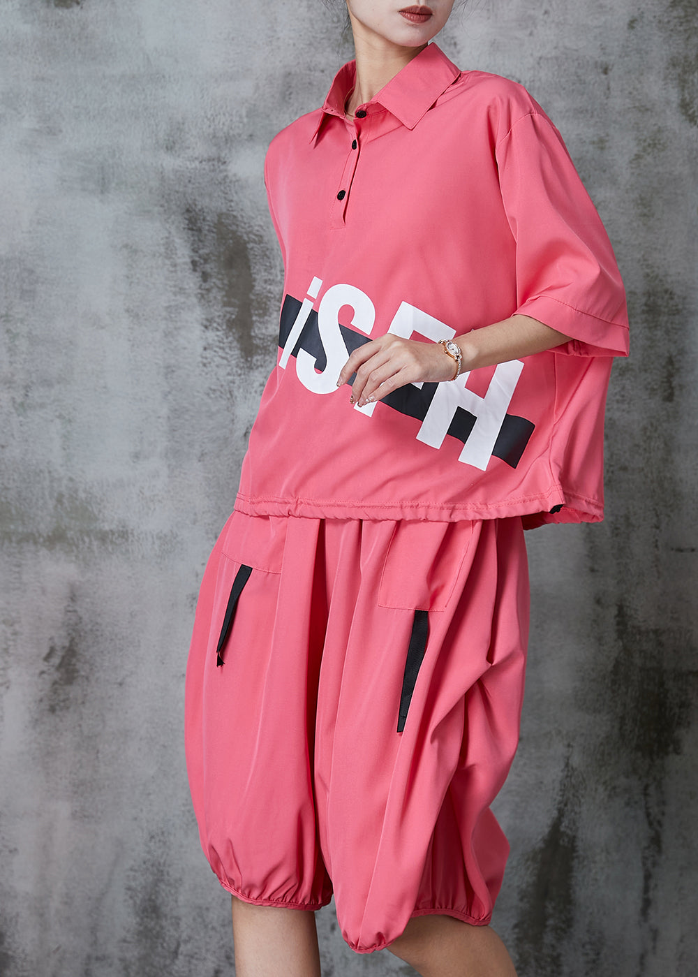VCSHOES Pink Oversized Print Cotton Two Pieces Set Spring